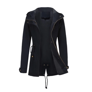 Detailed view of women's navy cotton hooded parka featuring bronze snaps and adjustable waist cord