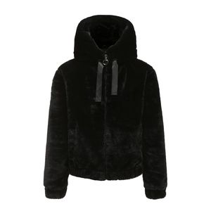 Detail of soft black faux fur texture with metal zipper and drawstring on hooded jacket