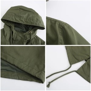 Detailed views of cotton hooded windbreaker featuring drawstrings and stitch texture