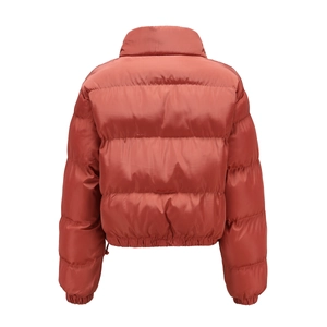 Rear view of short quilted puffer jacket for women with high collar in copper finish