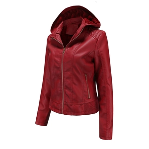 Detail of dark red faux leather jacket showing hoodie with red fleece lining and metal zippers