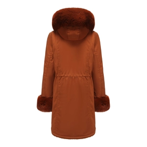 Back view of women's long winter parka with large fur collar and drawstring waist