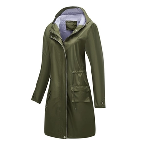 Detail of army green waterproof hooded parka with striped lining and adjustable drawstring