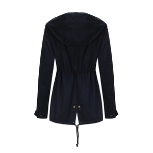 Rear view of navy cotton parka featuring drawstring waist, hood and fishtail hem design