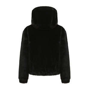 Back view of a black plush hooded faux fur jacket with elastic cuffs on a white background