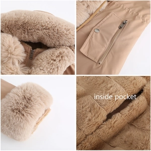 Dettagli del parka kaki con collo in pelliccia, tasche con zip e fodera in peluche