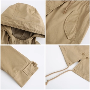 Detailed views of khaki cotton parka showing adjustable drawstring hood and sleeve cuffs