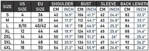 Detailed size chart for women parka jacket with US and EU size conversion from S to 4XL