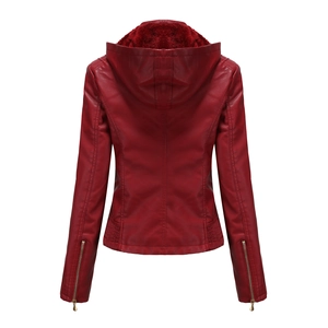 Rear view of red hooded leather jacket with fleece lining and zipper cuffs details