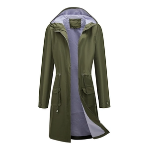 Detail of army green raincoat with blue striped lining and adjustable drawstring waist