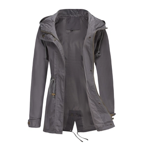 Dark grey cotton hooded parka jacket for women featuring adjustable waist drawstring