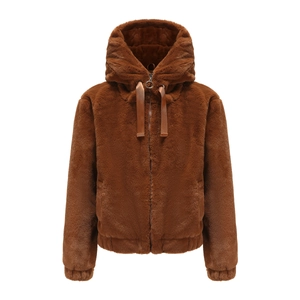 Close-up of brown plush faux fur jacket featuring metal ring zipper and silk drawstrings