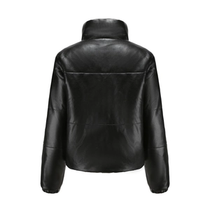 Back view of black faux leather puffer jacket with stand collar and quilted design
