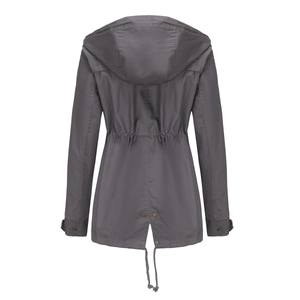 Back view of dark grey hooded parka jacket with adjustable waist drawstring and hem detail