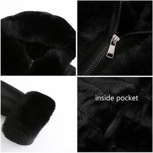 Dettagli del parka nero in pelliccia con cappuccio, zip in metallo, polsini e tasca interna