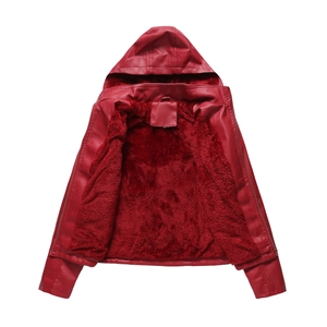 Detail of dark red hooded leather jacket showing thick warm fleece lining and sturdy zipper