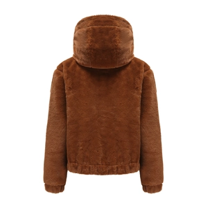 Rear view of brown faux fur hooded jacket with elastic cuffs and plush winter texture