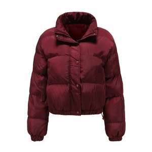 Macro shot of burgundy quilted puffer jacket collar with S size tag and snap buttons