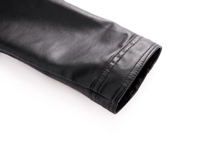 Close-up detail of black leather jacket cuff with high-quality double stitching lines