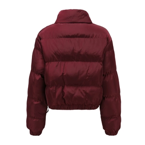 Rear view of burgundy quilted puffer jacket showing shiny satin fabric and high collar
