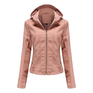 Detail of pink faux leather jacket with detachable hood and silver metal zipper details