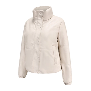 Detail of cream white faux leather puffer jacket featuring high collar and snap buttons