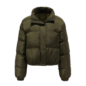 Detail view of olive green puffer jacket collar with zipper and size S label
