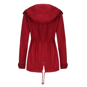 Detail view of cotton parka jacket back with drawstring waist and fishtail hem