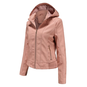 Detail of pink faux leather jacket featuring soft fleece lining and sturdy zipper