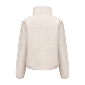 Rear view of cream faux leather padded jacket with horizontal quilting and stand collar