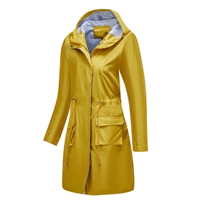 Detail of yellow hooded raincoat featuring drawstring waist and blue striped lining
