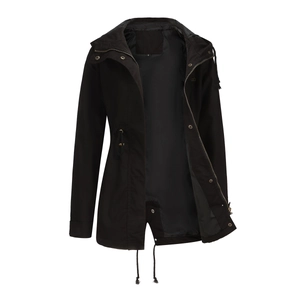 Detail of black cotton hooded parka featuring adjustable drawstring waist and button closure