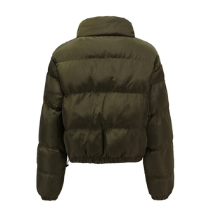 Rear view of dark olive green short puffer jacket with high collar and ribbed cuffs