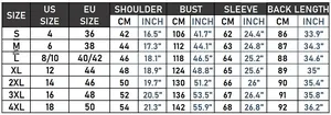 Detailed size chart for women hooded parka showing measurements from size S to 4XL