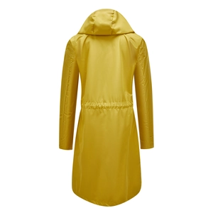 Detail of yellow waterproof trench coat featuring adjustable drawstring waist and curved hem