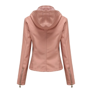 Rear view of a slim-fit pink hooded faux leather jacket with warm fleece lining and cuff zippers