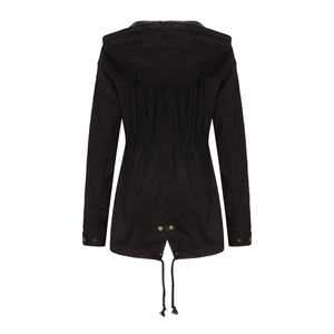 Back view of a black hooded windbreaker featuring a drawstring waist and split hem detail