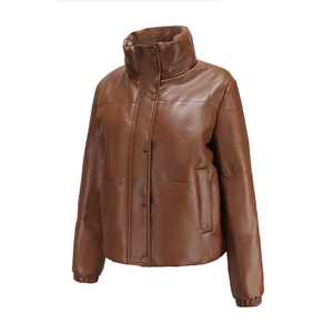 Detail view of brown PU leather puffer jacket with stand collar and button closure