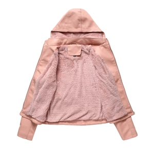 Detail of pink hooded faux leather jacket showing thick warm fleece lining and zipper