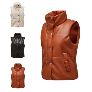 Women PU Leather Quilted Vest Stand Collar Sleeveless Padded Puffer Waistcoat Casual Zipper Fashion Outerwear Jacket