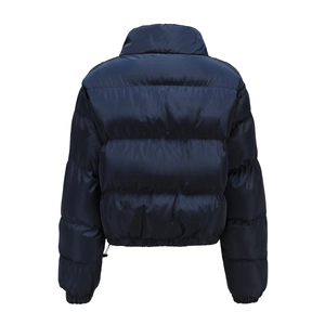 Back view of a glossy dark blue quilted puffer jacket with stand collar and elastic hem