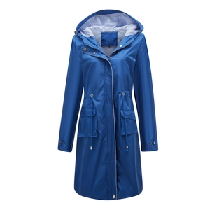 Detailed view of women's hooded parka with striped lining and adjustable drawstring waist