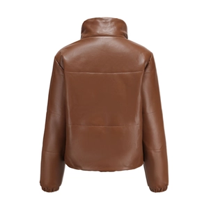 Back view of a cropped brown PU leather puffer jacket with a high stand collar