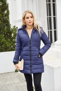 Detail of navy blue water-resistant hooded puffer coat with quilted pattern and zipper