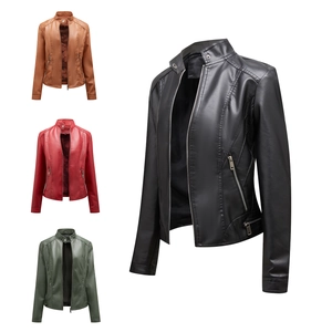 Women Slim Fit PU Leather Jacket Stand Collar Zipper Biker Moto Coat Faux Leather Short Outerwear Fashion Streetwear Casual