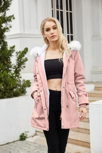 Close-up of pink parka with white faux fur hood and warm fleece lining detail