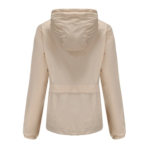 Vue arrière du coupe-vent beige léger à capuche avec poignets élastiques et maille 20D