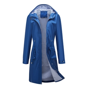 Close-up of royal blue hooded trench coat featuring striped lining and adjustable waist drawstring