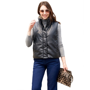 Women's black faux leather padded vest with stand collar and zipper closure for winter