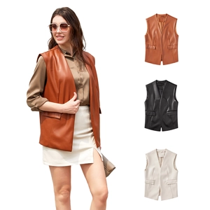 Gilet sans manches pour femme en similicuir PU avec poches disponible en trois couleurs